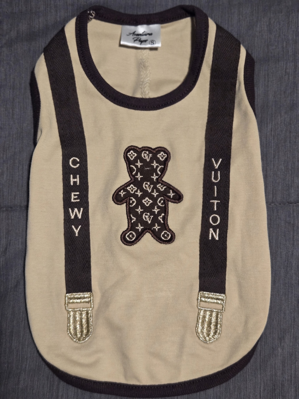 Aventura Beige and Brown Teddy Dog Shirt with Embroidered Suspenders